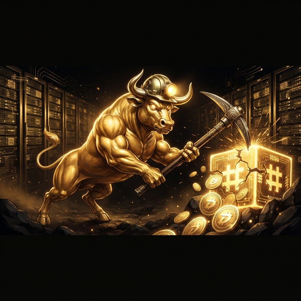 ByteBull miner striking glowing coins inside a blue mining facility